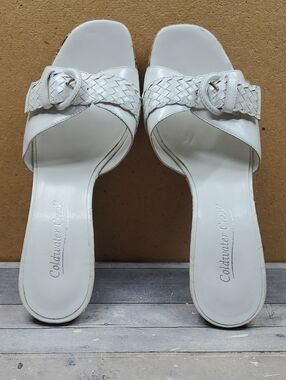 Coldwater Creek White Woven Buckle Slide Wedge Sandals Size 8